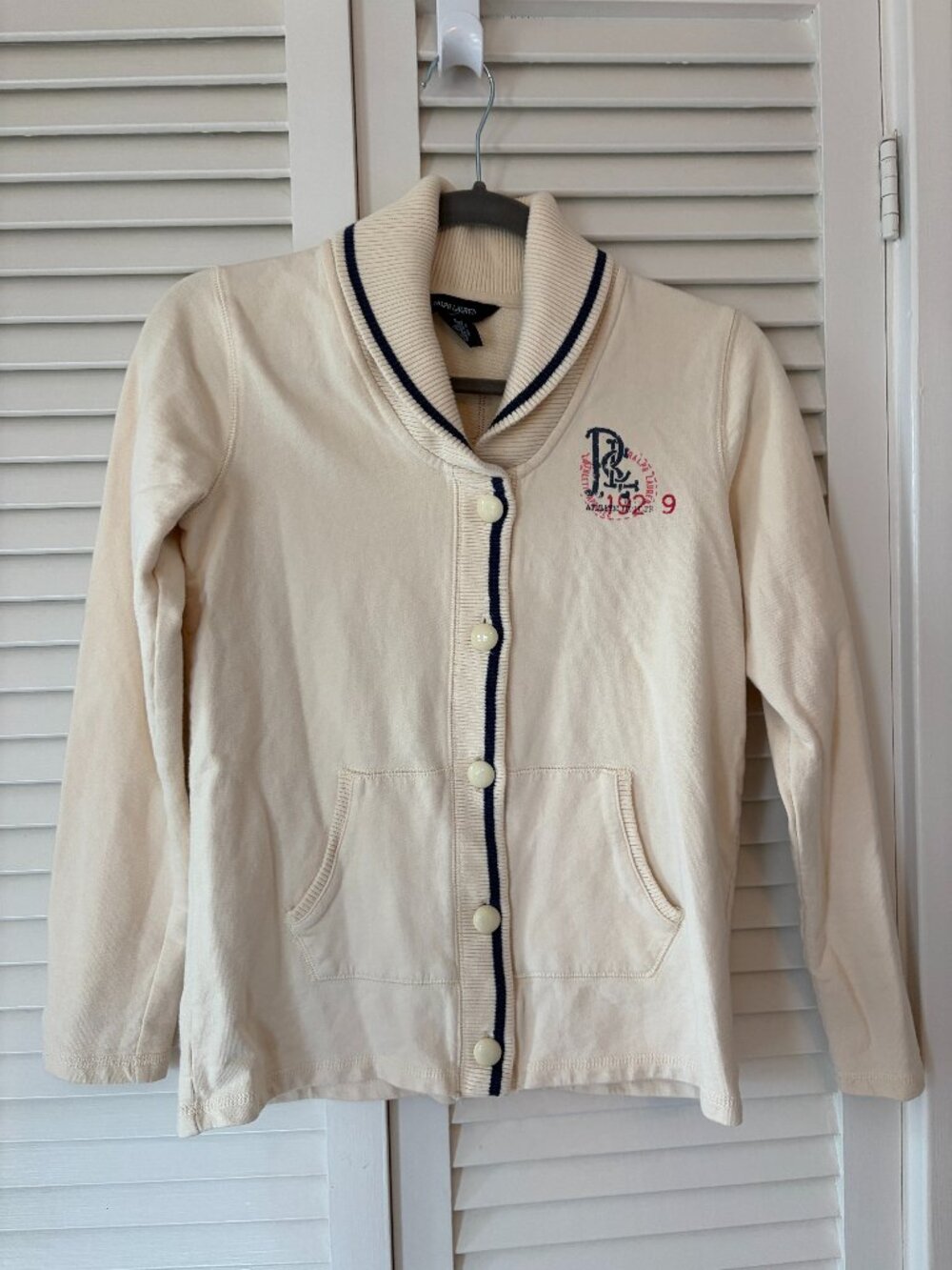 Ralph Lauren girls' sweatshirt cardigan shawl collar XL 16 cream cotton navy